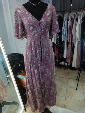 Band of Gypsies Mauve Floral Button-Front Maxi Dress